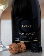 BOLLE Grand Reserve Blanc de Blancs twice-fermented label close-up with champagne cork, luxury non-alcoholic sparkling wine