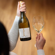 Person holding BOLLE Chardonnay non-alcoholic white wine bottle and glass, premium alcohol-free wine for dinner