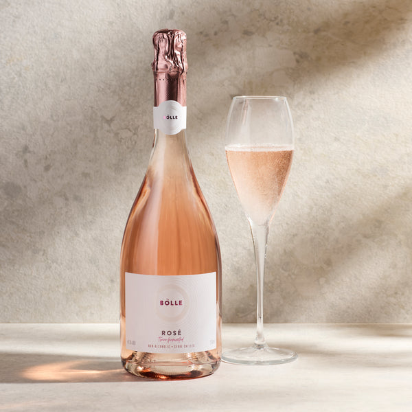 BOLLE Sparkling Rosé non-alcoholic wine bottle with glass, 93 points Wine Enthusiast, best non-alcoholic rosé