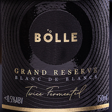 BOLLE Grand Reserve twice-fermented label detail showing lees-aged process, premium non-alcoholic Blanc de Blancs wine