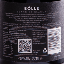 BOLLE Grand Reserve back label showing lees-aging process, ingredients, and nutrition facts for non-alcoholic wine