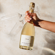 Hand holding BOLLE Blanc de Blancs non-alcoholic champagne bottle for celebration toast, best NA sparkling wine