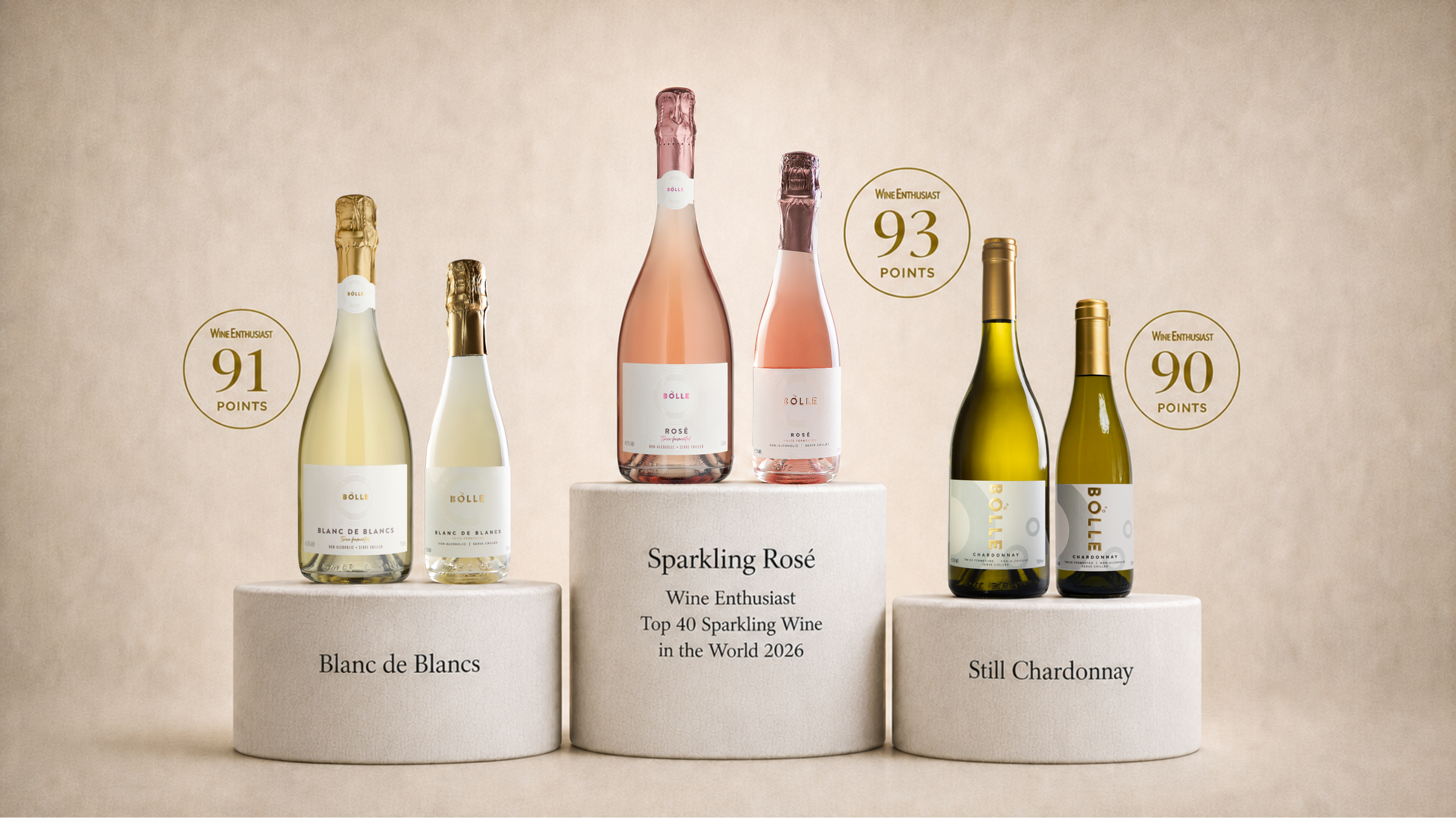 BOLLE Sparkling Rosé, a full bottle beside a half bottle, pale pink.